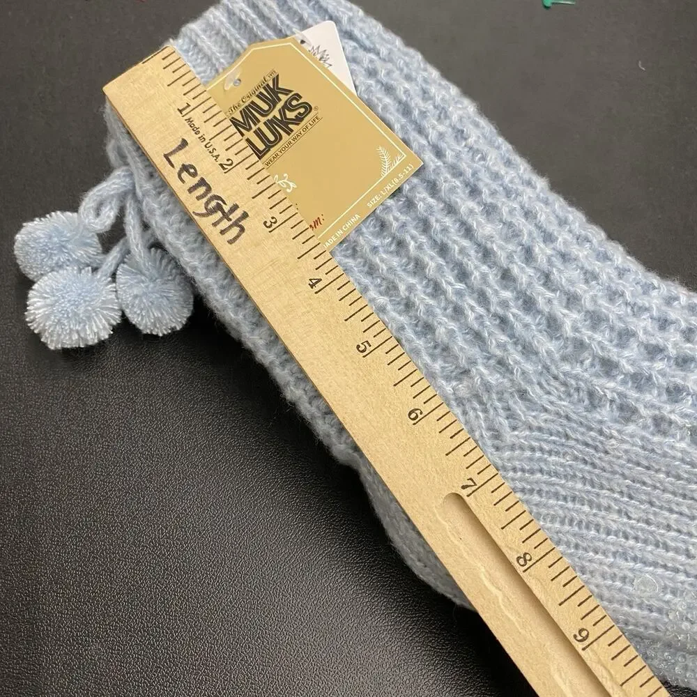 Muk Luks Cozy Knit Slipper Socks Pom Pom Aloe Infused Womens Warm Lounge L / XL